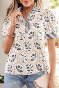 White Floral Striped Button Blouse